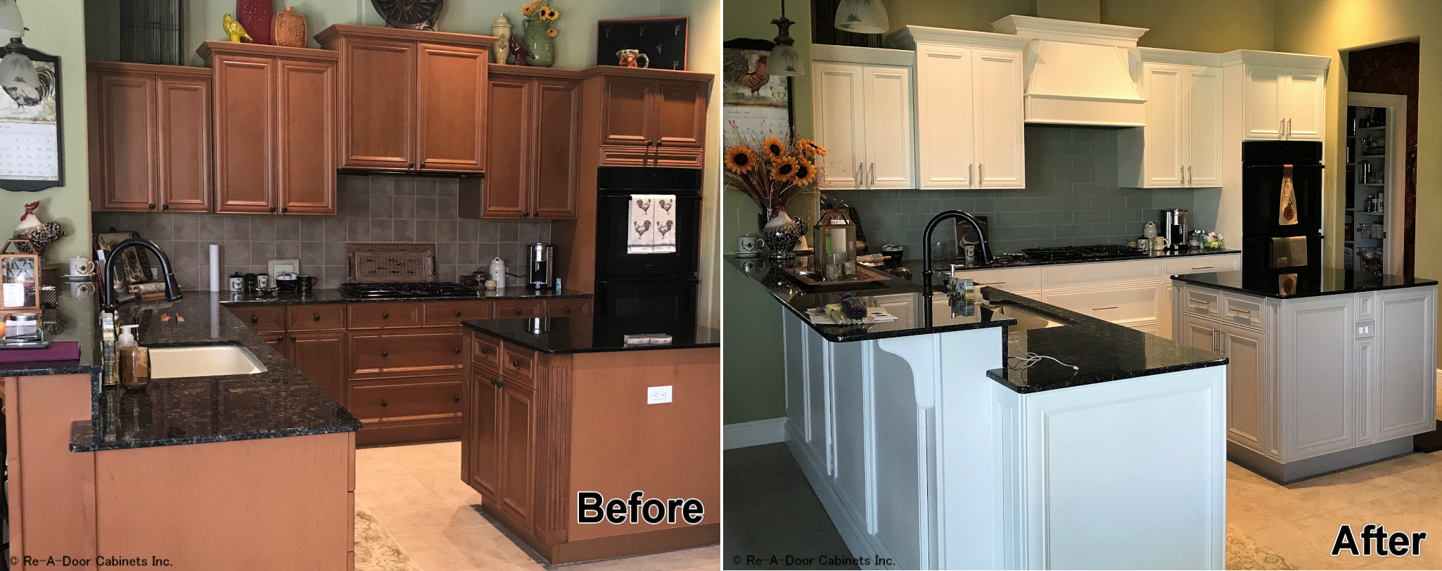 Before and after of high-quality black granite countertops paired with modern white kitchen cabinets in Tampa, Florida kitchen remodel.