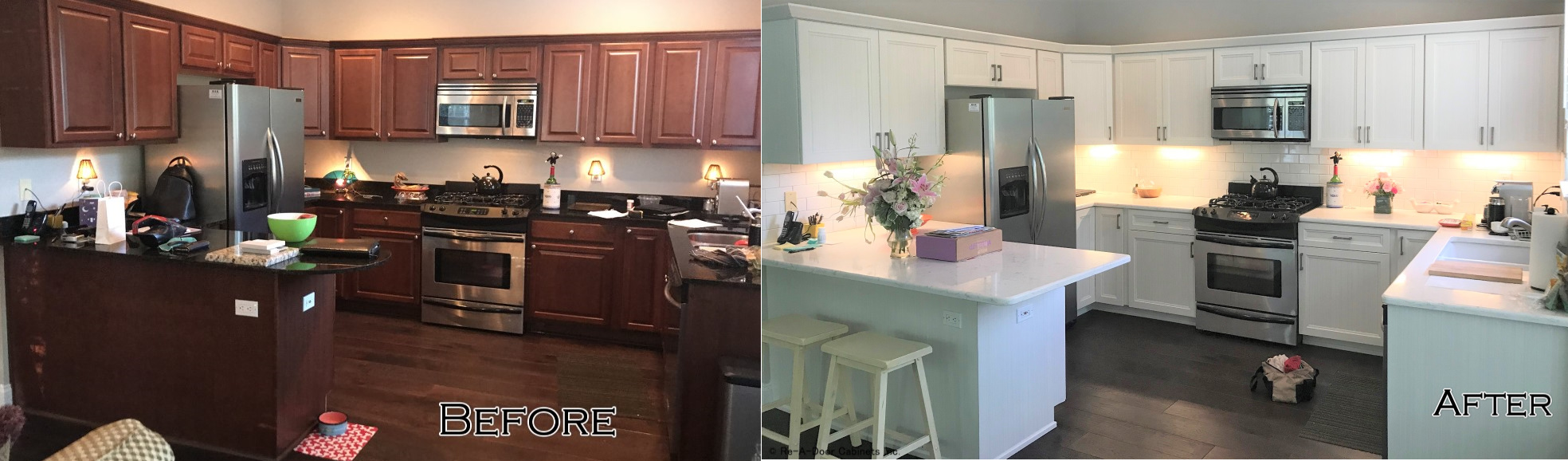 Before and after of high-quality white kitchen cabinets with modern appliances in Tampa kitchen renovation.